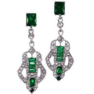Vintage Style Art Deco Revival Green Glass Rhinestone Silver Tone Drop Earrings